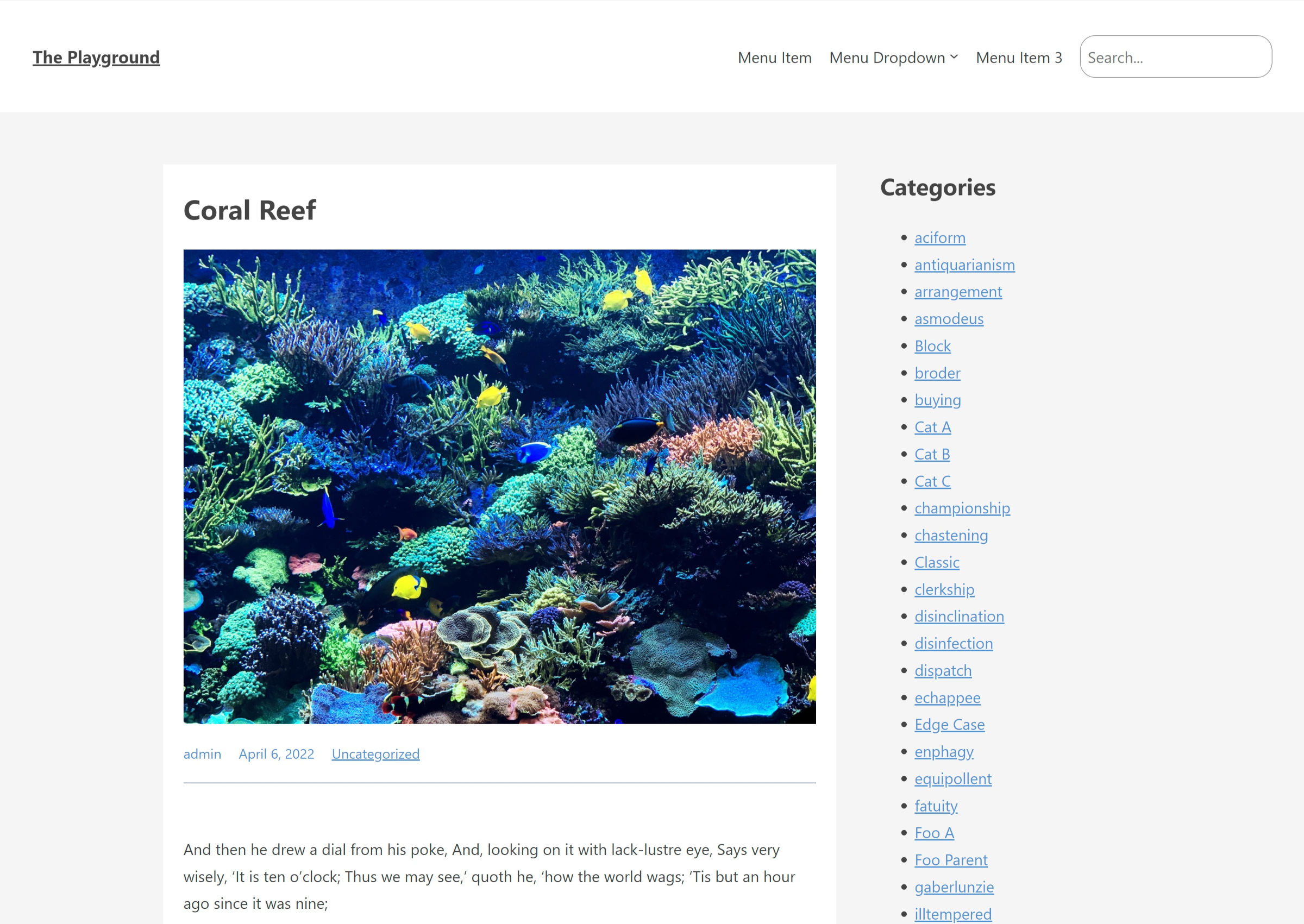 WordPress site on the front end viewing a single post. The main section of the page shows content on the left and a sidebar on the right.