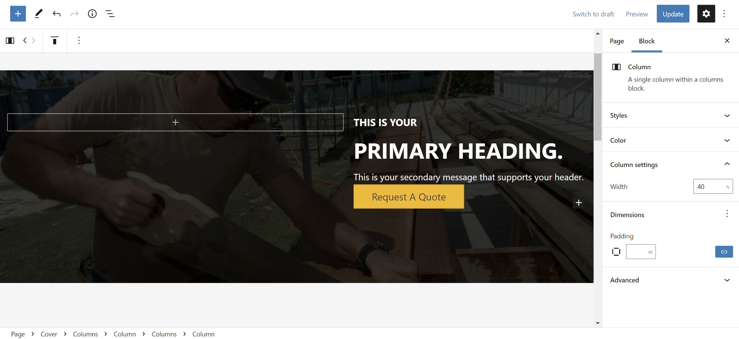 Cover block with two columns. On the right is a Heading, Paragraph, and Button.