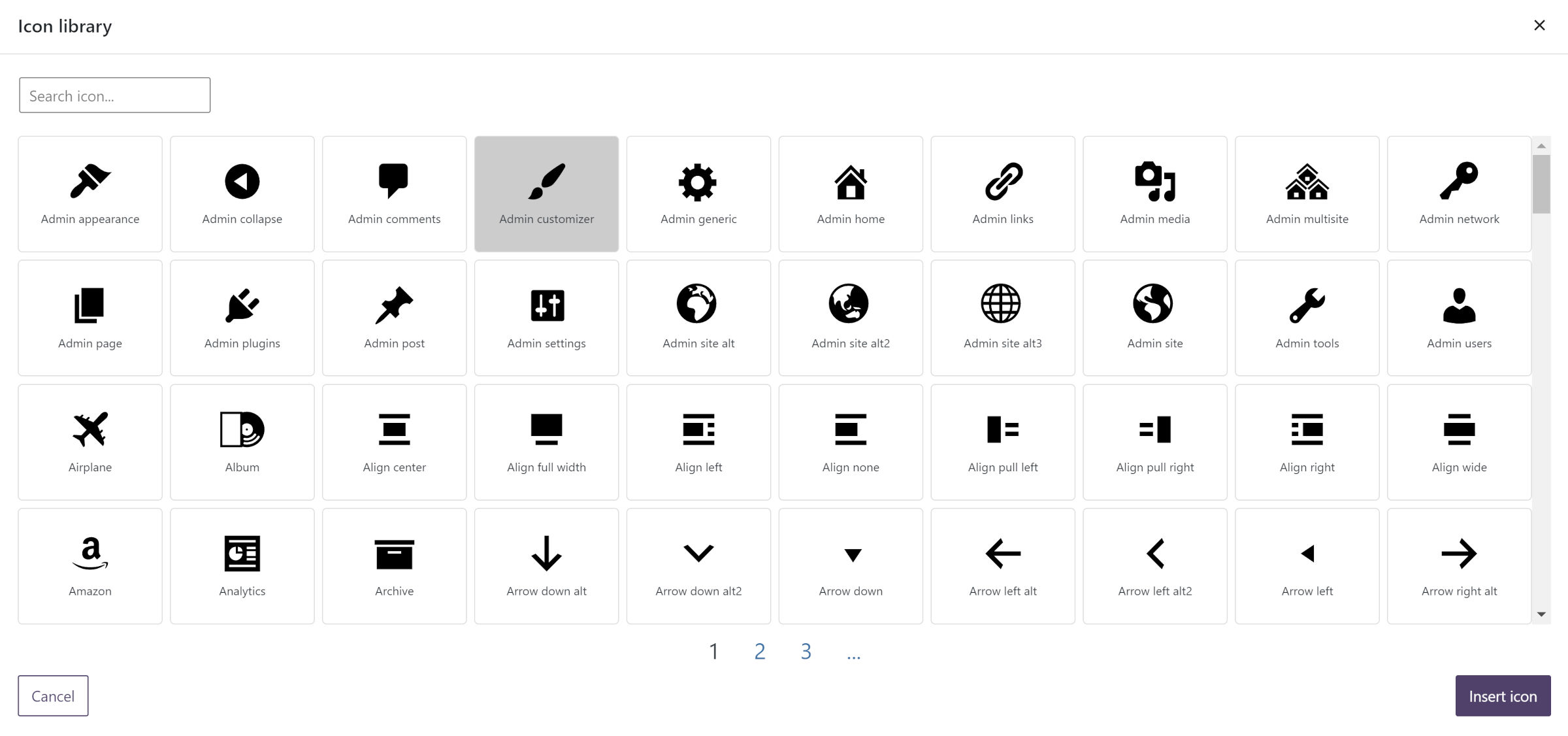Popup overlay screen in the WordPress post editor that lists a library of icons in a grid.