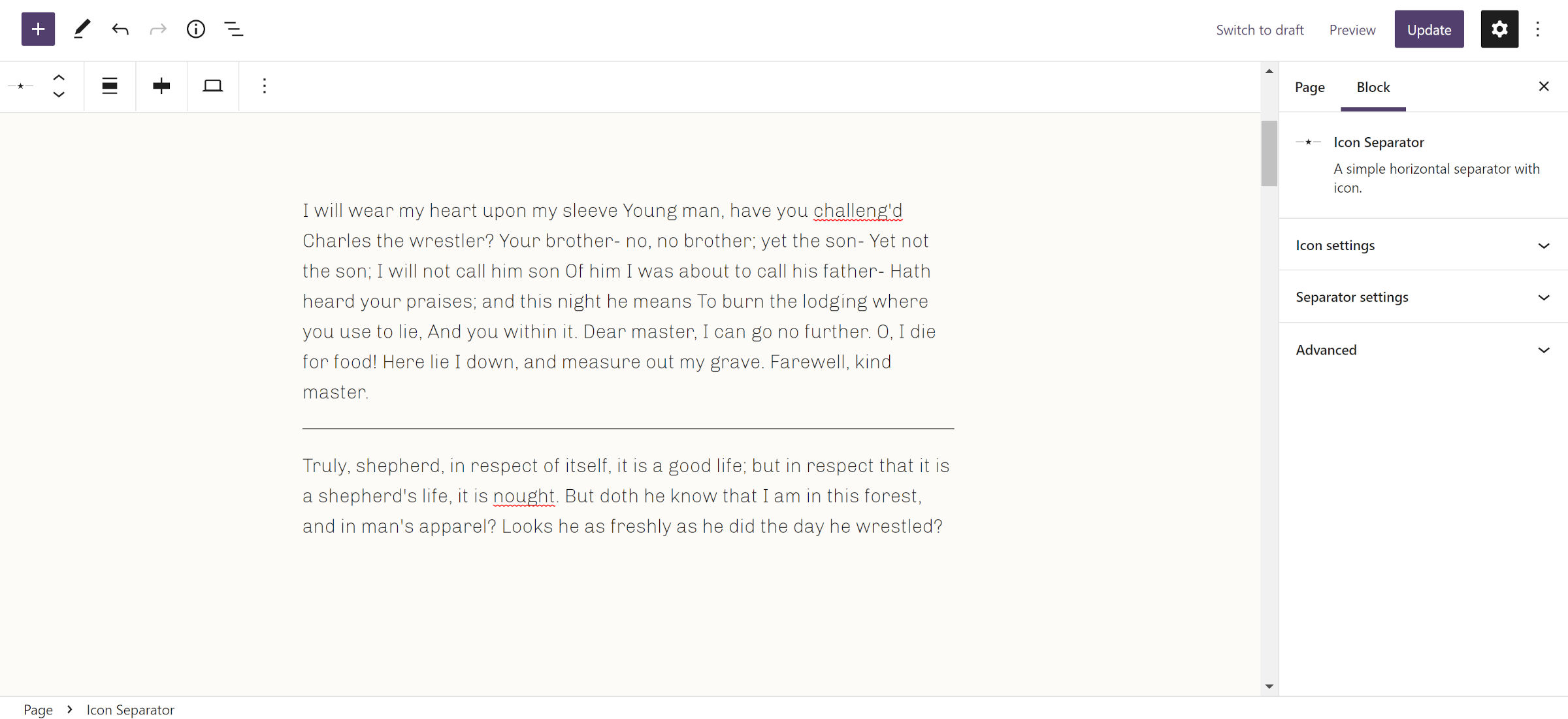 Two paragraphs in the WordPress post editor separated by a single horizontal line.