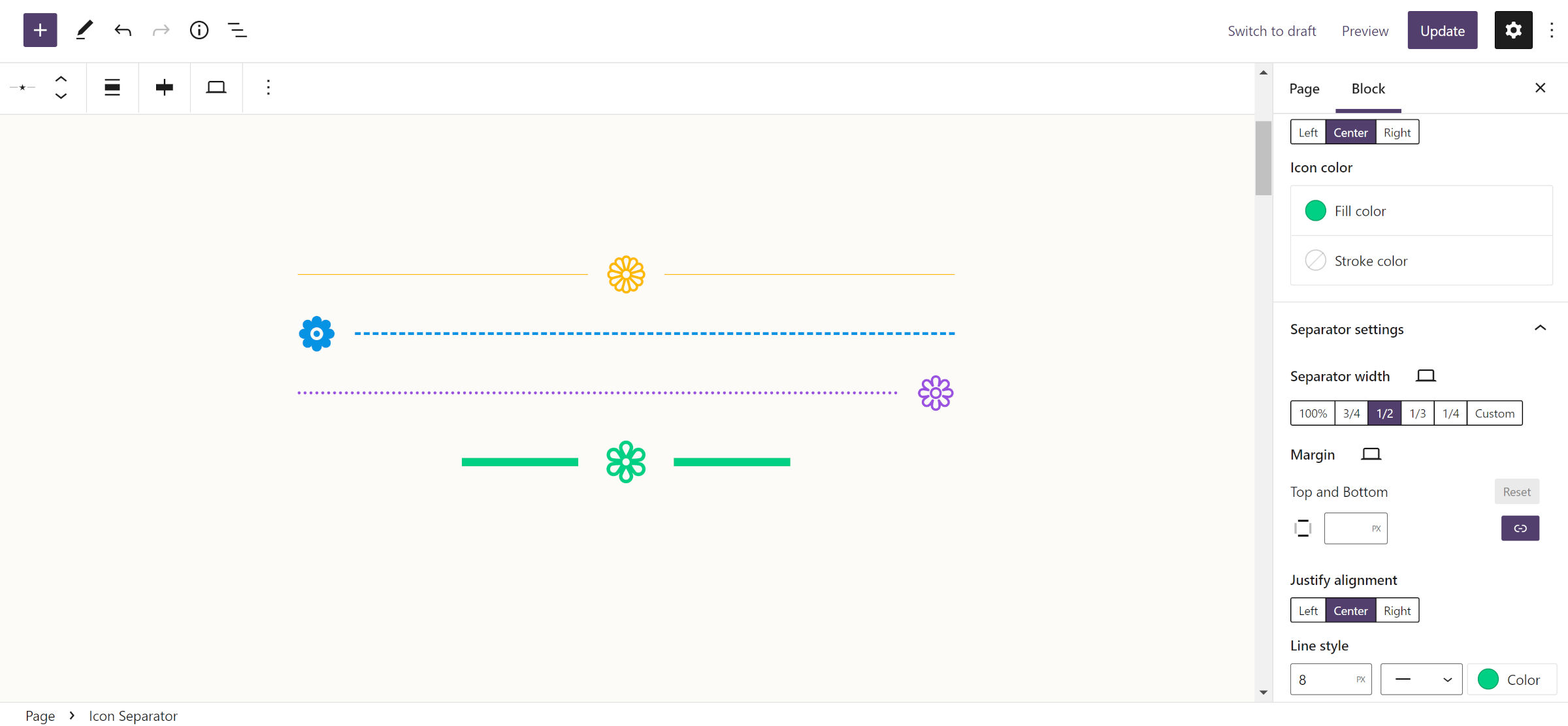 Four horizontal separators in the WordPress post editor. Each has a different color and flower icon. The lines are solid, dashed, and dotted.