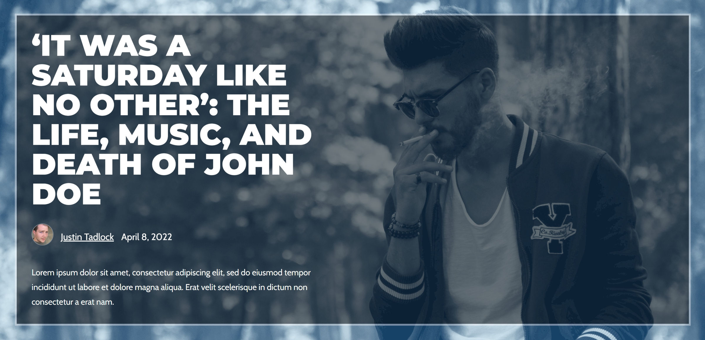 Full-width hero section with image background bleeding through. On the left, the post title, byline, and content sit in a column.