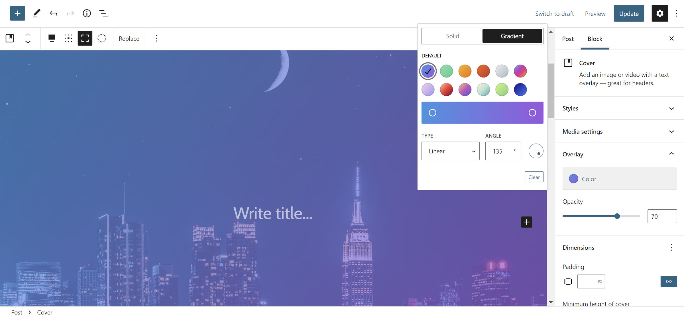 WordPress post editor with Cover block inserted. On the right, the Overlay color panel is popped up with a gradient selected.