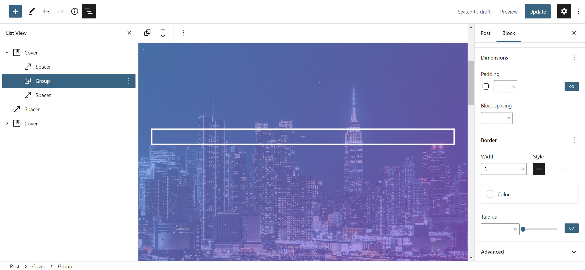 WordPress post editor with two Spacer blocks and a Group nested inside of a Cover. On the left, the list view is open, showing the hierarchy.