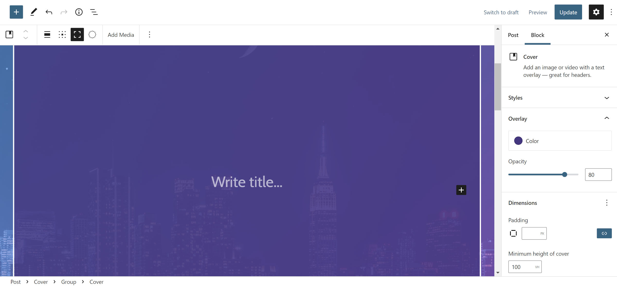 WordPress post editor with a Cover block nested inside of a Group block, whish is nested inside of another Cover.