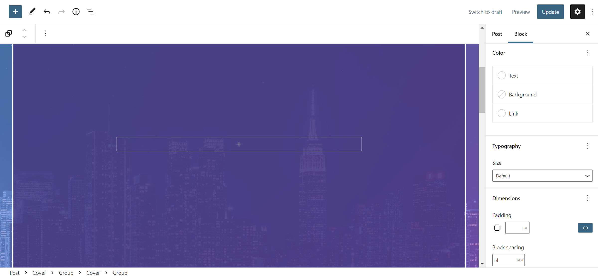 A Group block inside a Cover inside a Group inside a Cover in the WordPress post editor.