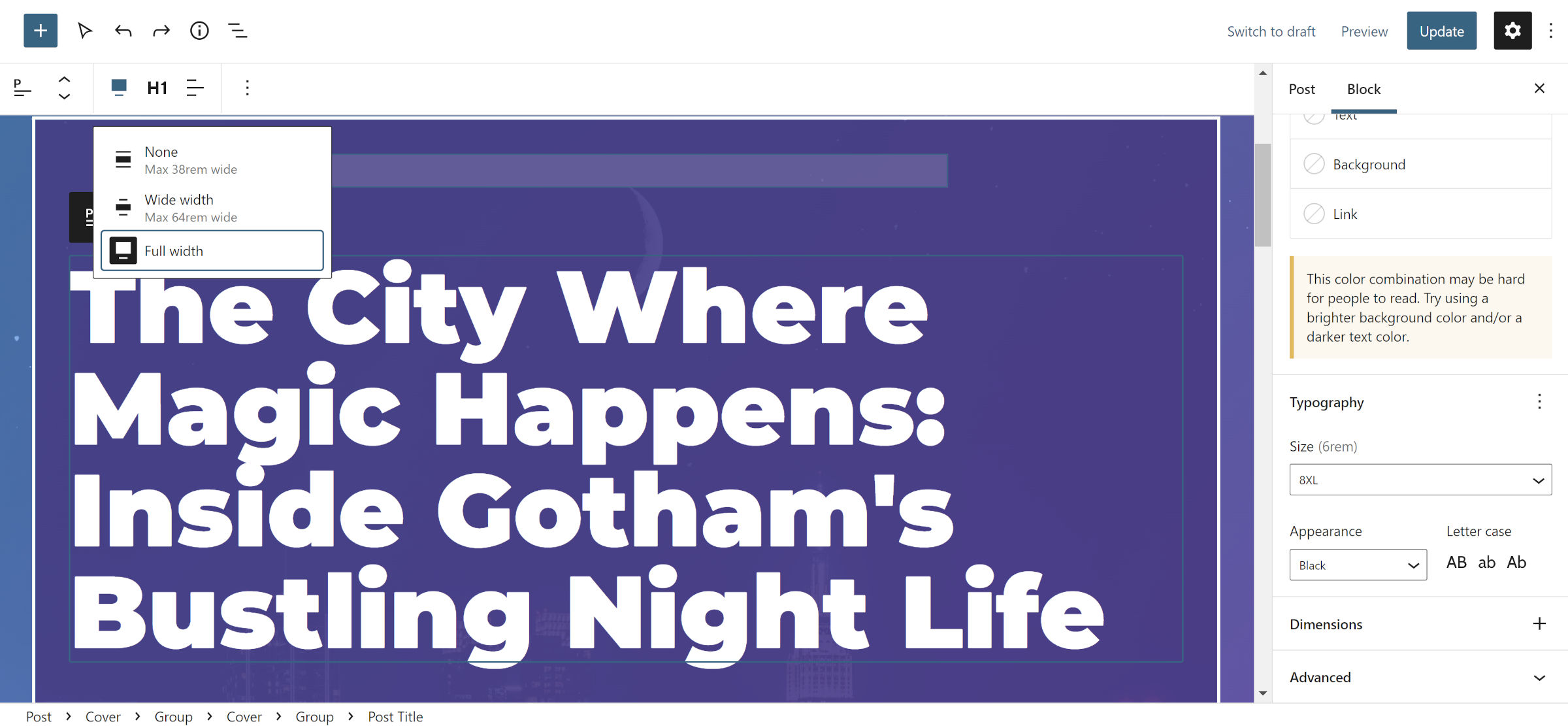 WordPress post editor with a large-sized and bold post title.