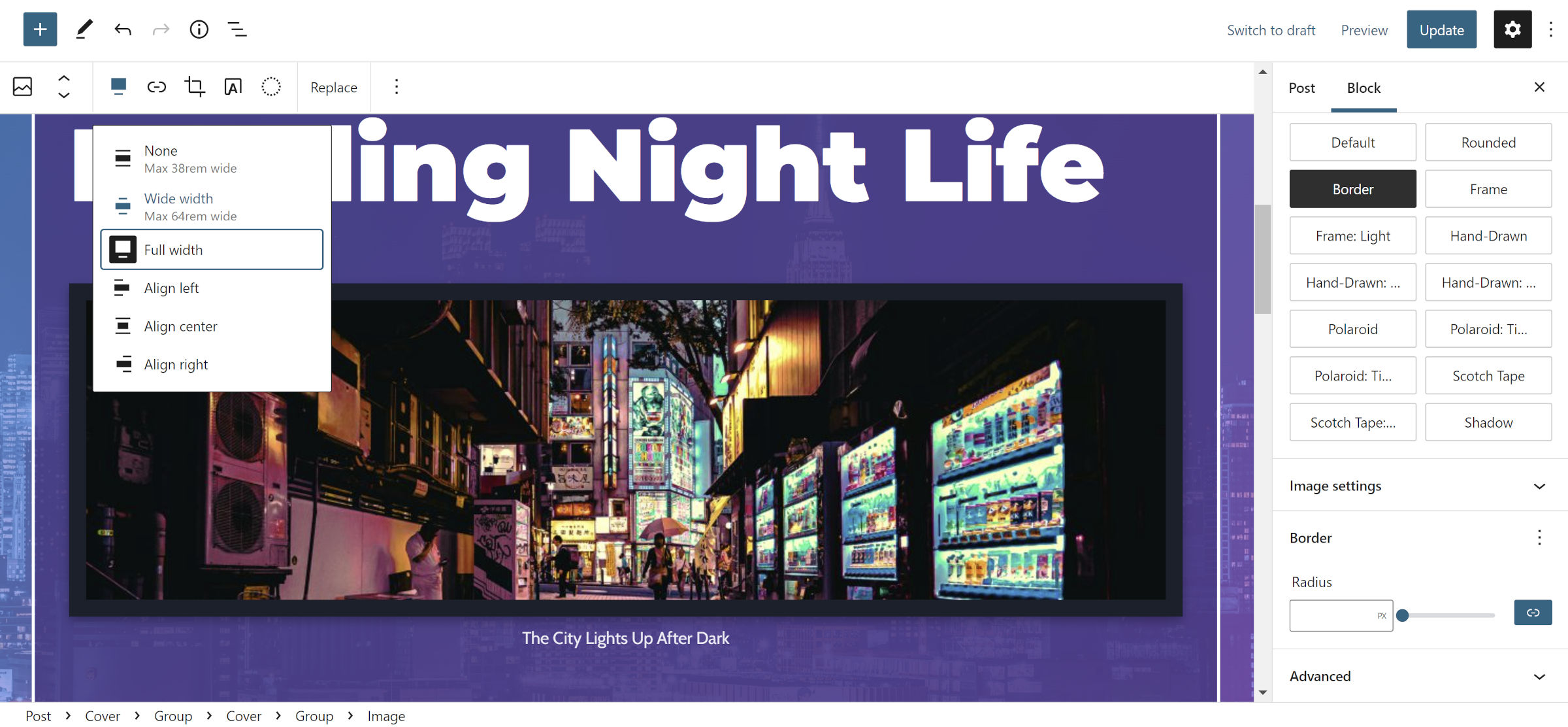 WordPress post editor with a full-width image that has a demo caption and a black border.