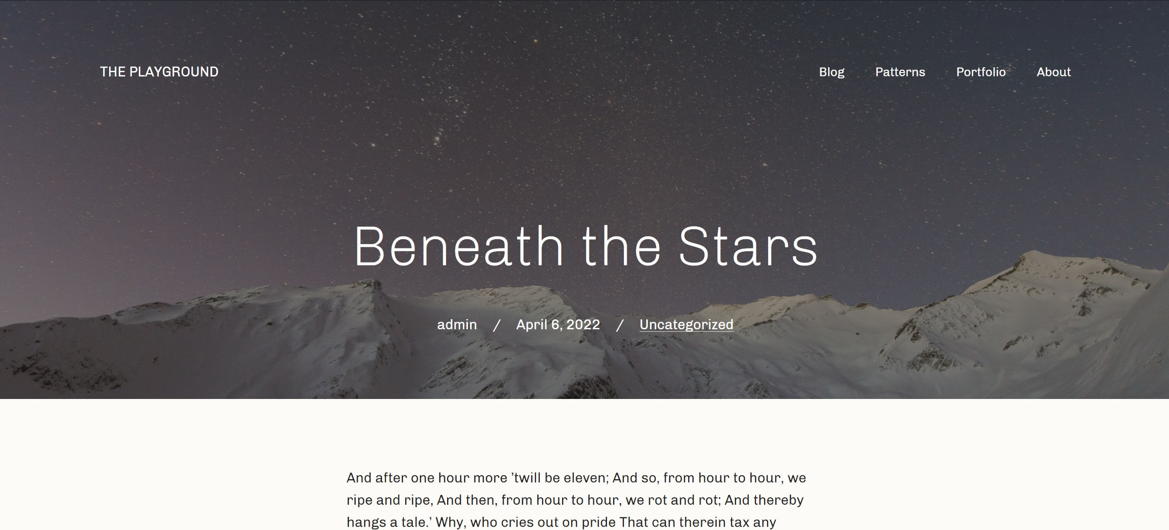 A single-post view on the front end of a WordPress site. It has a Cover image behind the site header and post headers.