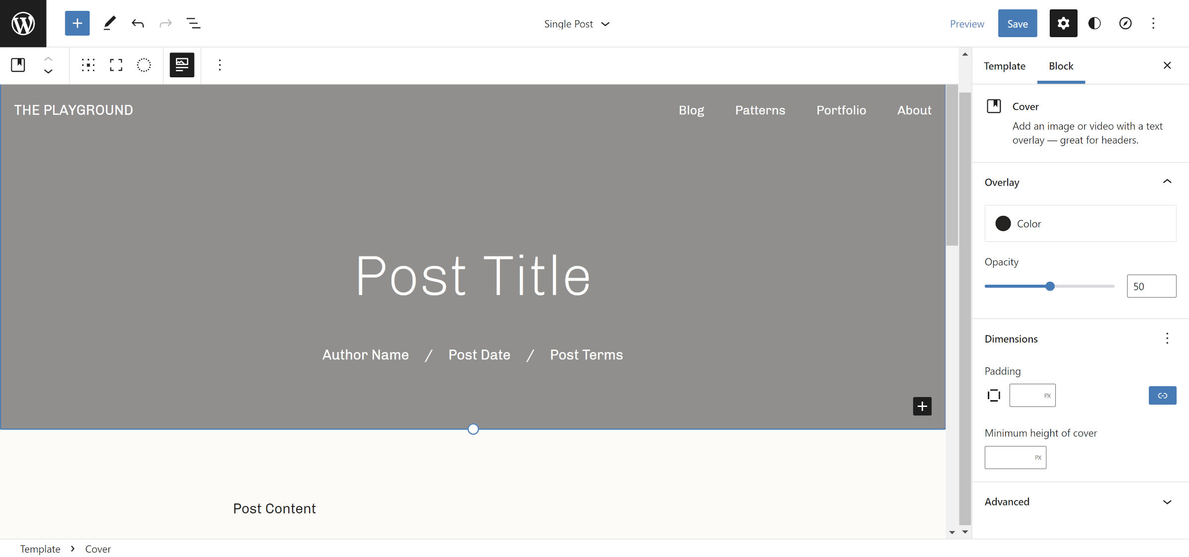 WordPress site editor with the single template in view. The site header and post header areas are inside of a Cover block.