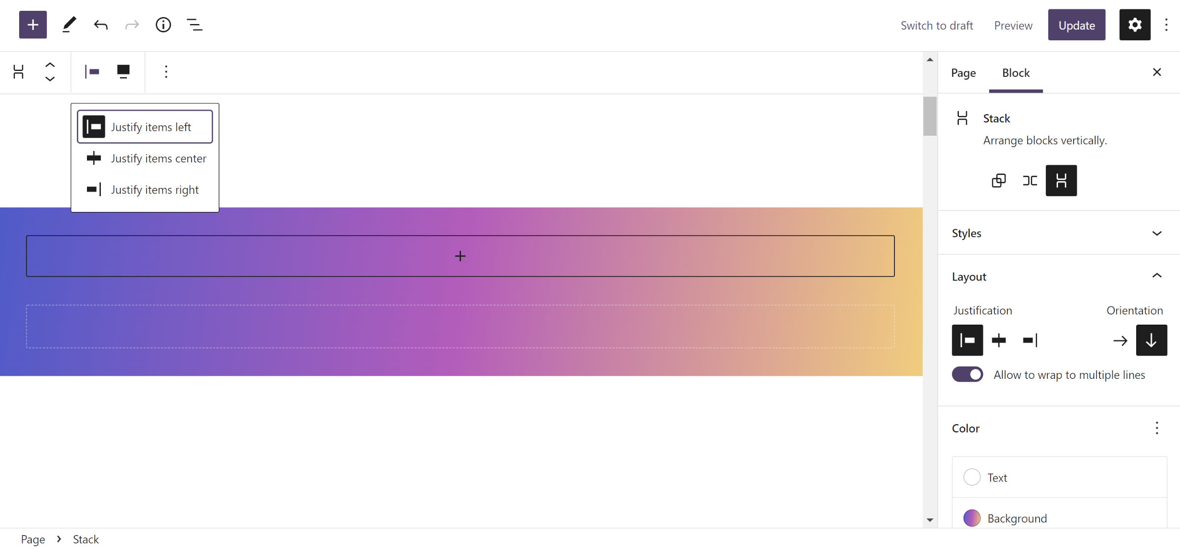WordPress post editor with a Stack block inserted that has a colorful gradient background. The content justification toolbar control is selected with the items justified left.