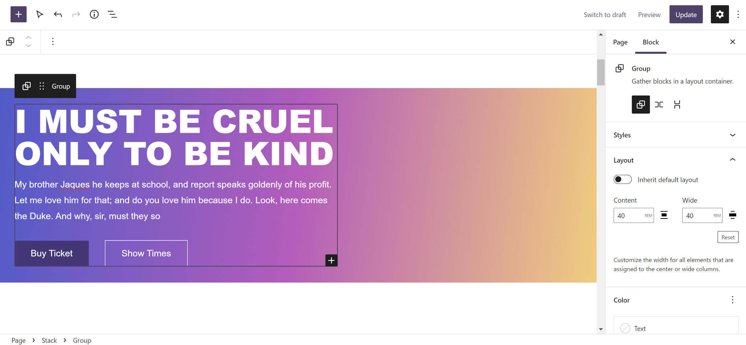 WordPress post editor with a Heading, Paragraph, and Buttons nested inside of a left-aligned Group block inside of a Stack block.
