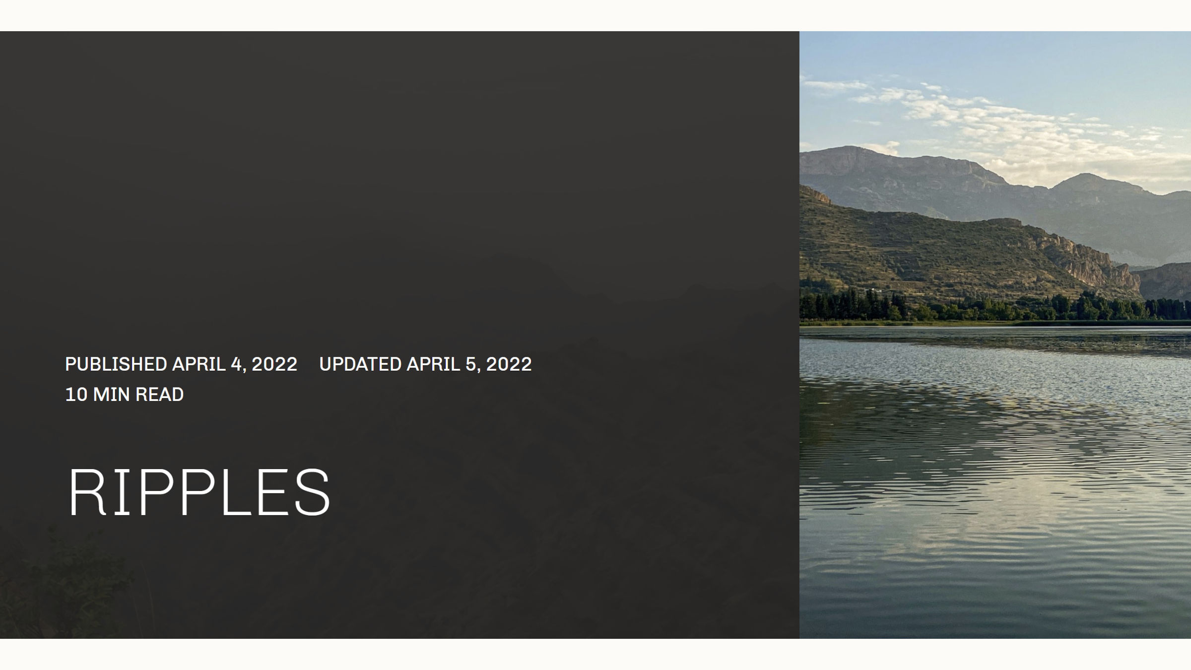 WordPress post header that shows a split between the meta and featured image. On he left, the published date, updated time, and reading time are shown above the title.