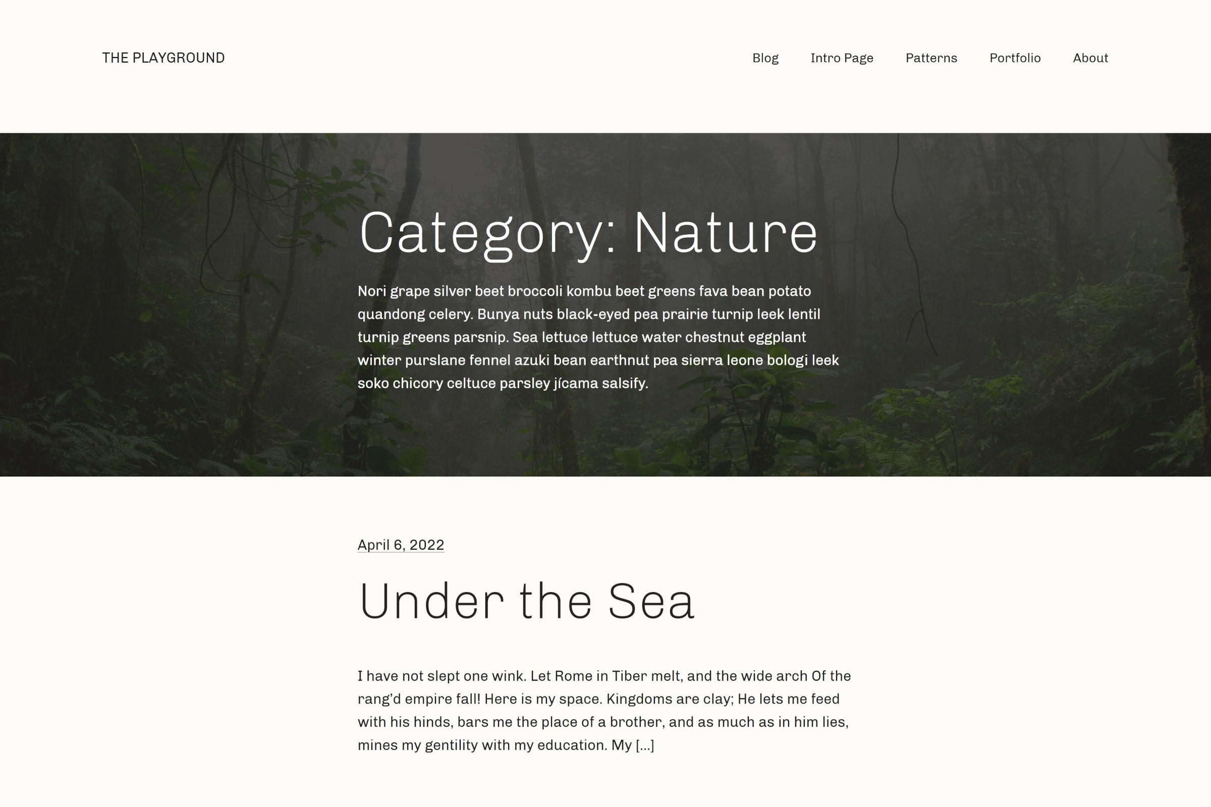 Front end of a WordPress site for a category archive page. The category header section has a forest image in the background with the category title and description sitting on top of it.