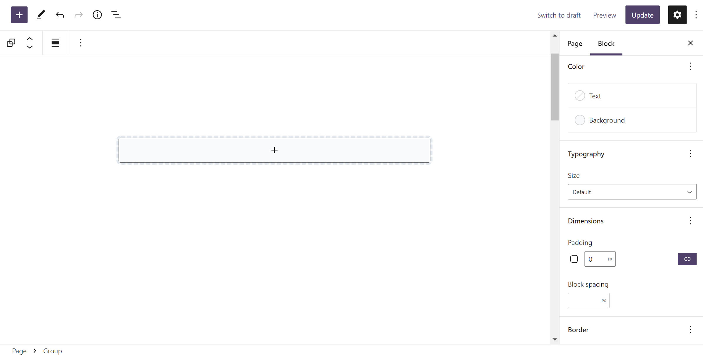 WordPress post editor with a gray-colored Group block in the post editor.