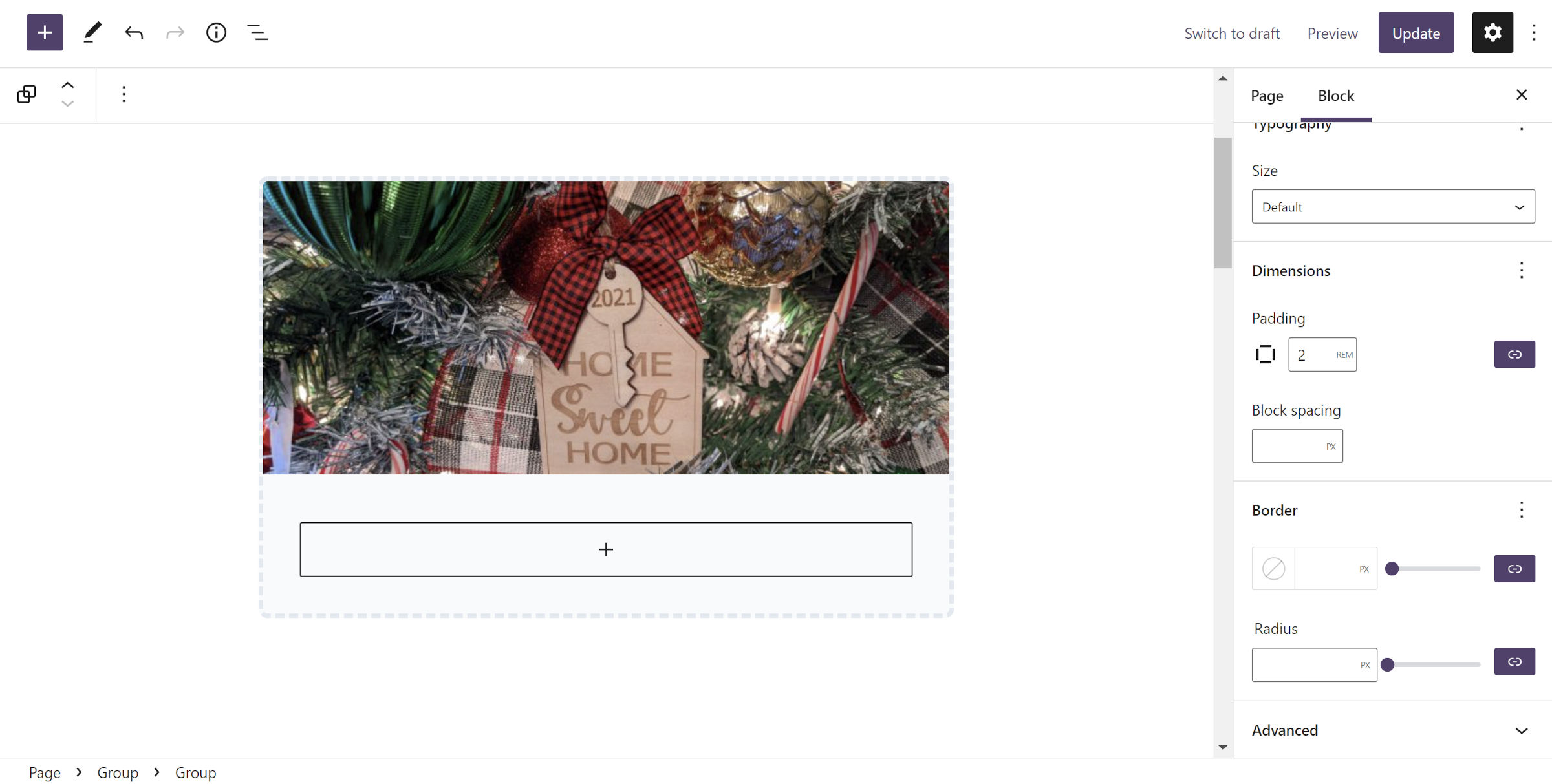 WordPress post editor with a Group block that houses an Image and another Group block.