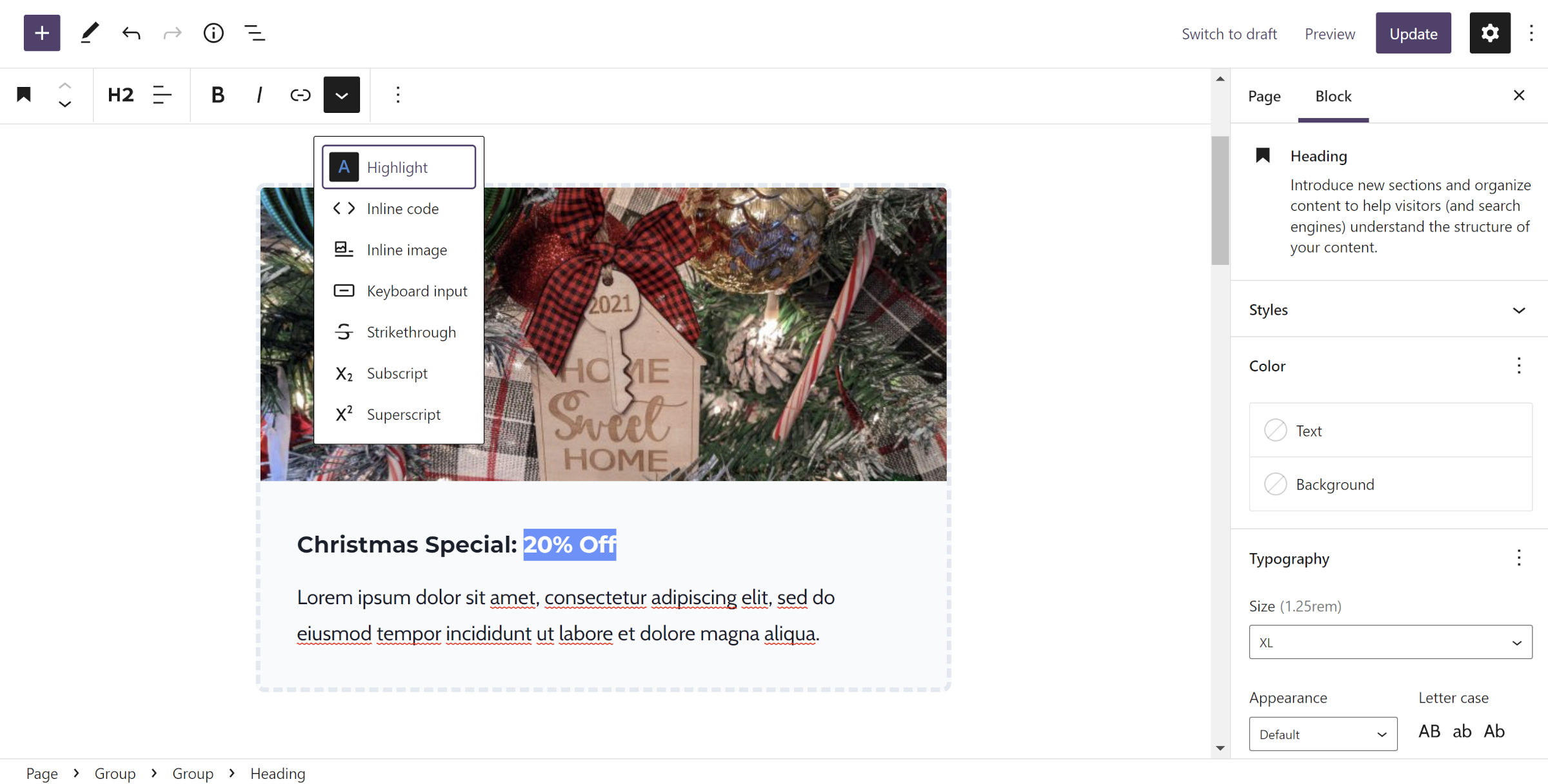 WordPress post editor with a Group block that houses an Image, Heading, and Paragraph.