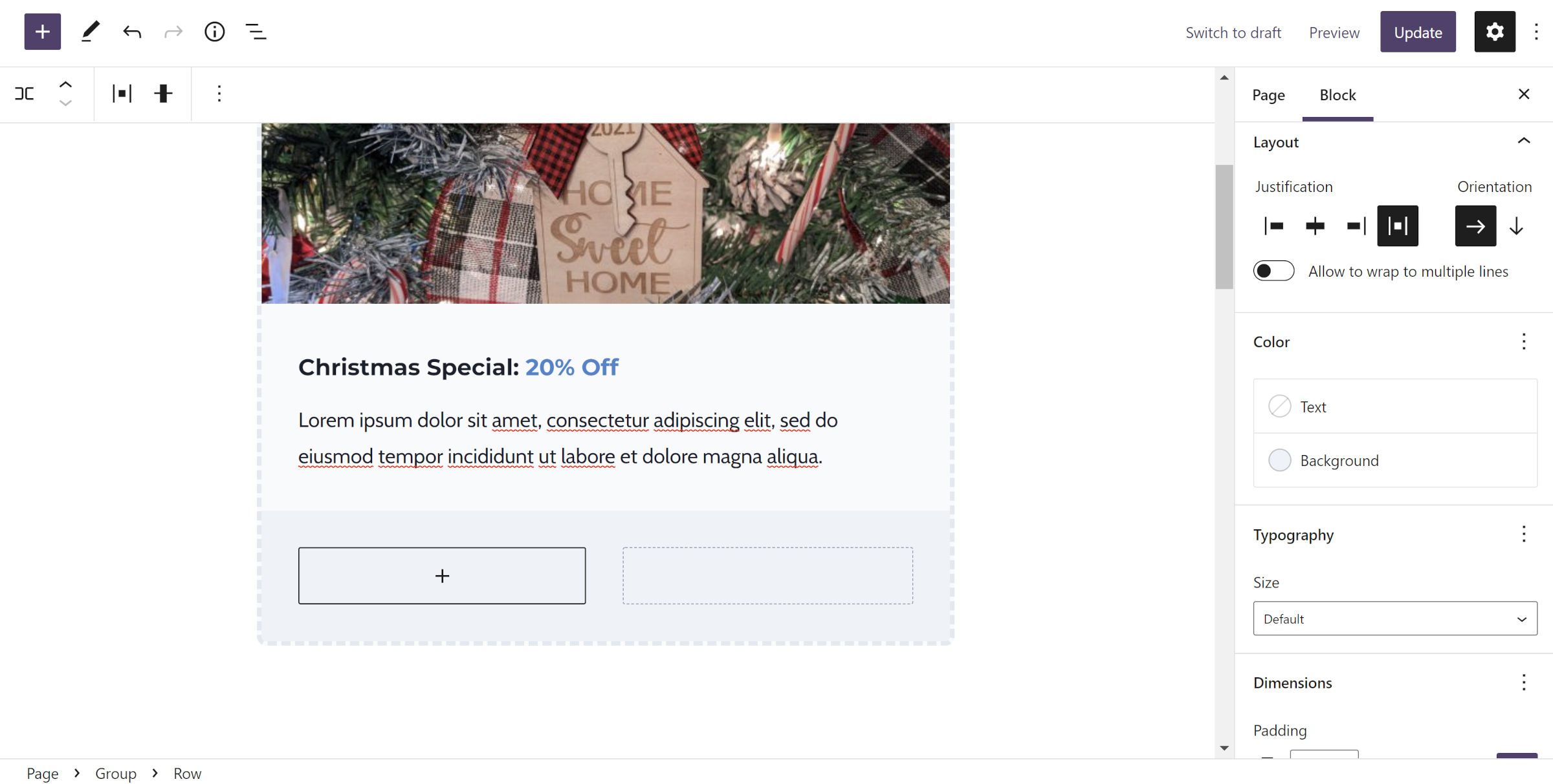 WordPress post editor with a Group block that houses an Image, a second Group with content, and a new Row block.