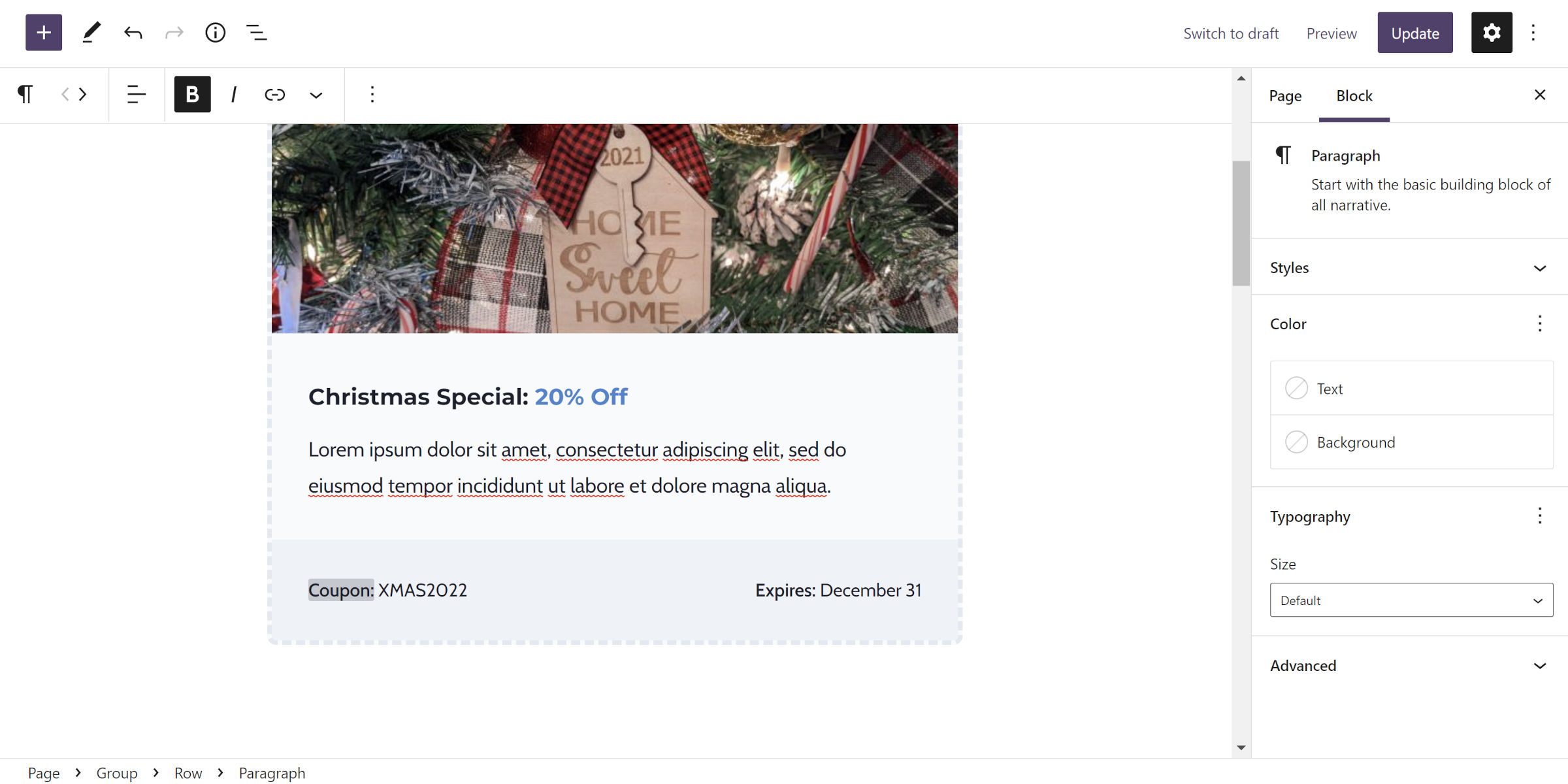 WordPress post editor with a Group block that houses an Image, a second Group with content, and a Row with a coupon code.
