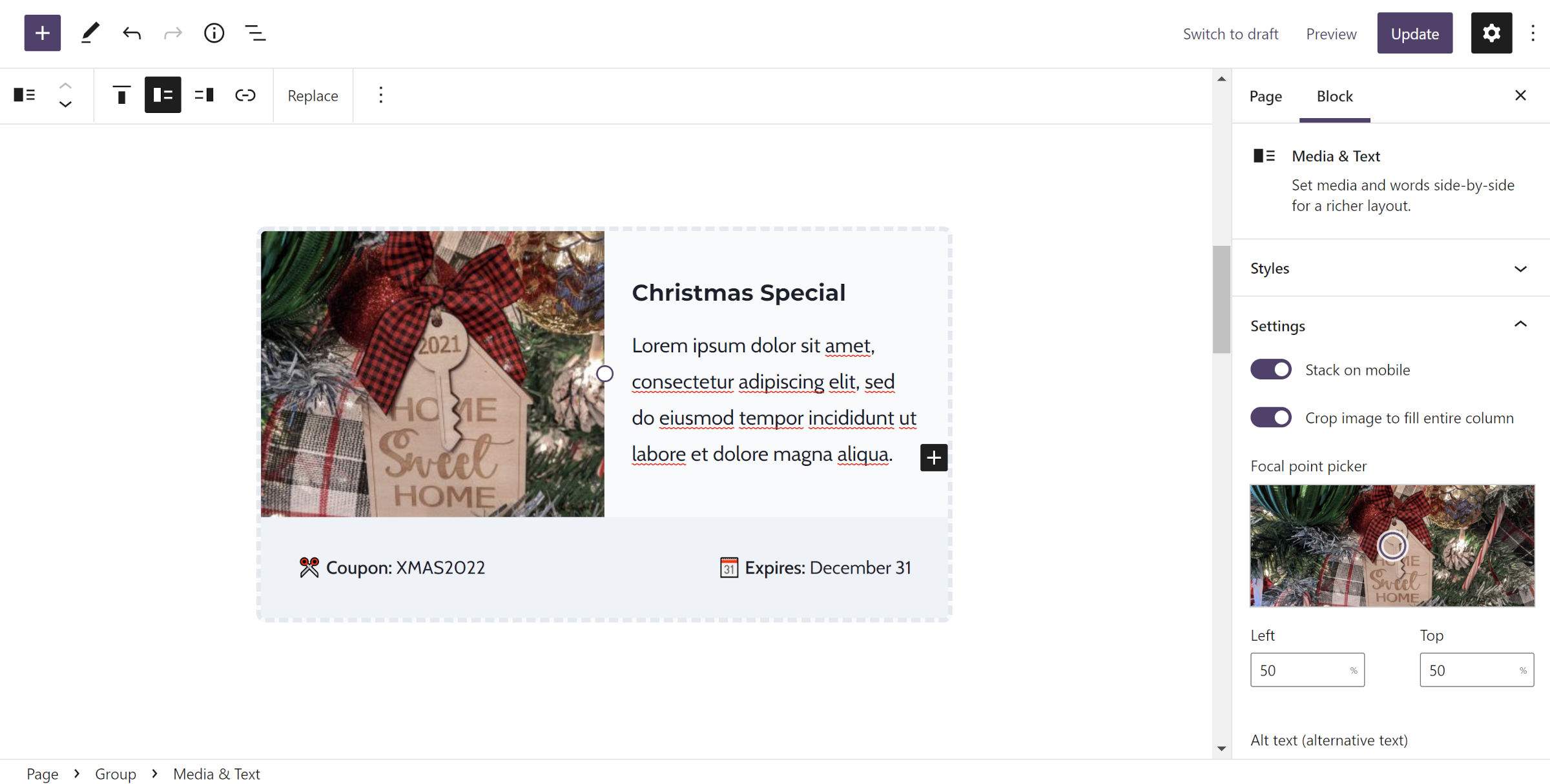 WordPress post editor with a Group block that houses a Media & Text block with a sales pitch. Below, sits a Row block with a coupon code and expiration date.