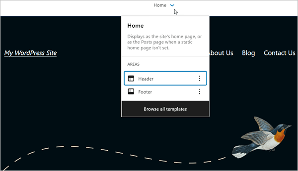 Home page template areas
