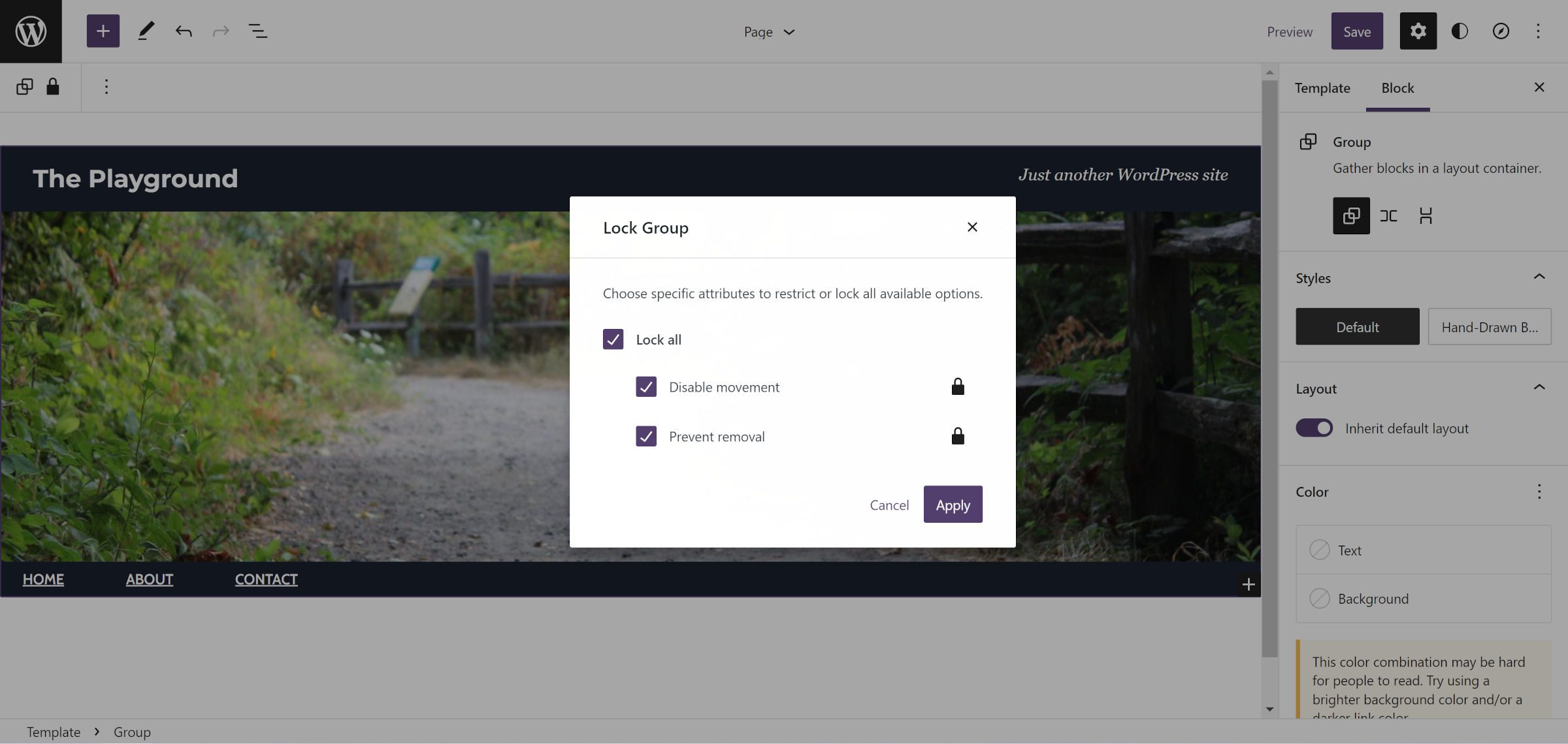 WordPress site editor with a header section shown in the content canvas. A modal overlays the screen with options for disabling movement or preventing removal of a block.