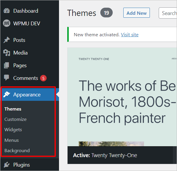 WordPress Appearance menu with a regular theme installed.