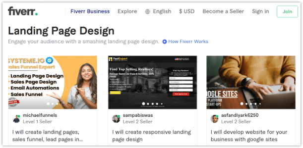 Landing pages, Fiverr