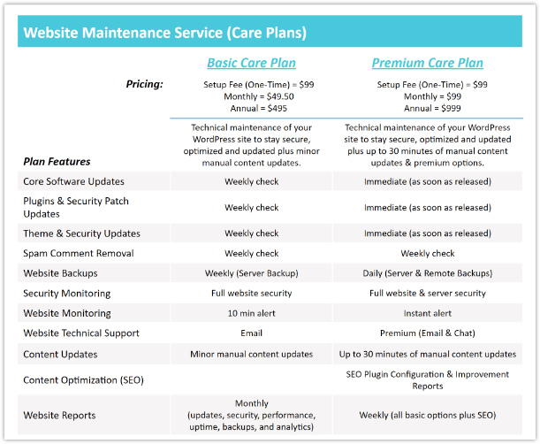 Website Maintenance Services and pricing table.