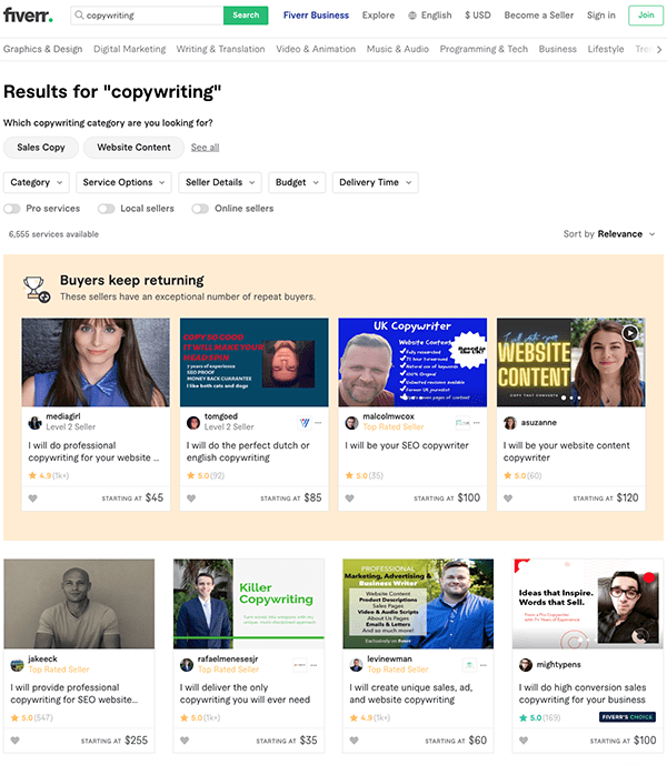 Fiverr list of copywriters