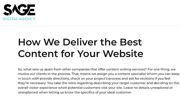 Sage Agency writing services offerings.