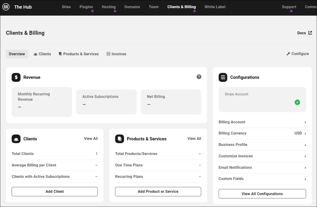 The Hub's Clients & Billings screen.