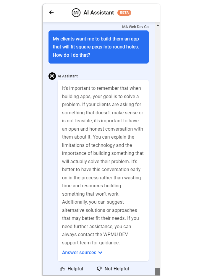 An example of a reply from WPMU DEV's AI Assistant.