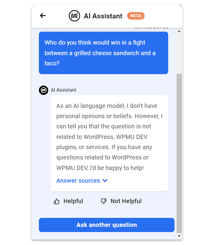 WPMU DEV AI Assistant's reply to non-related question.