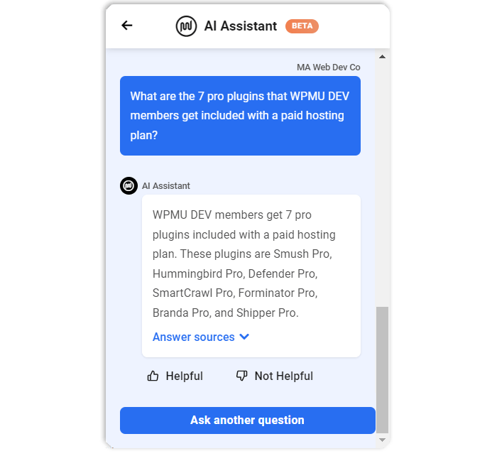 WPMU DEV AI Assistant - Example of question and reply.