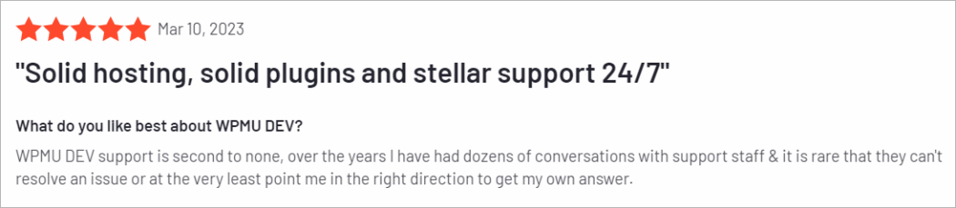 G2.com customer review of WPMU DEV. 