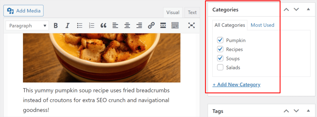 Example of a WordPress post assigned to multiple categories.