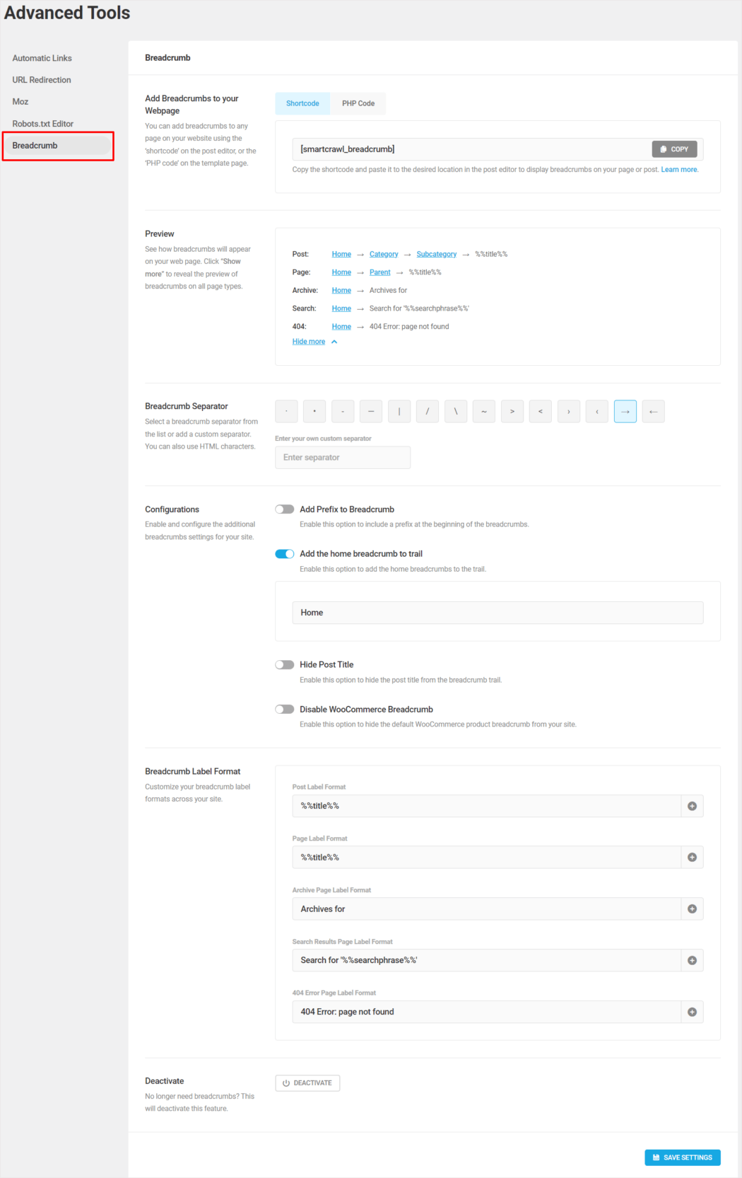 SmartCrawl breadcrumbs settings screen.