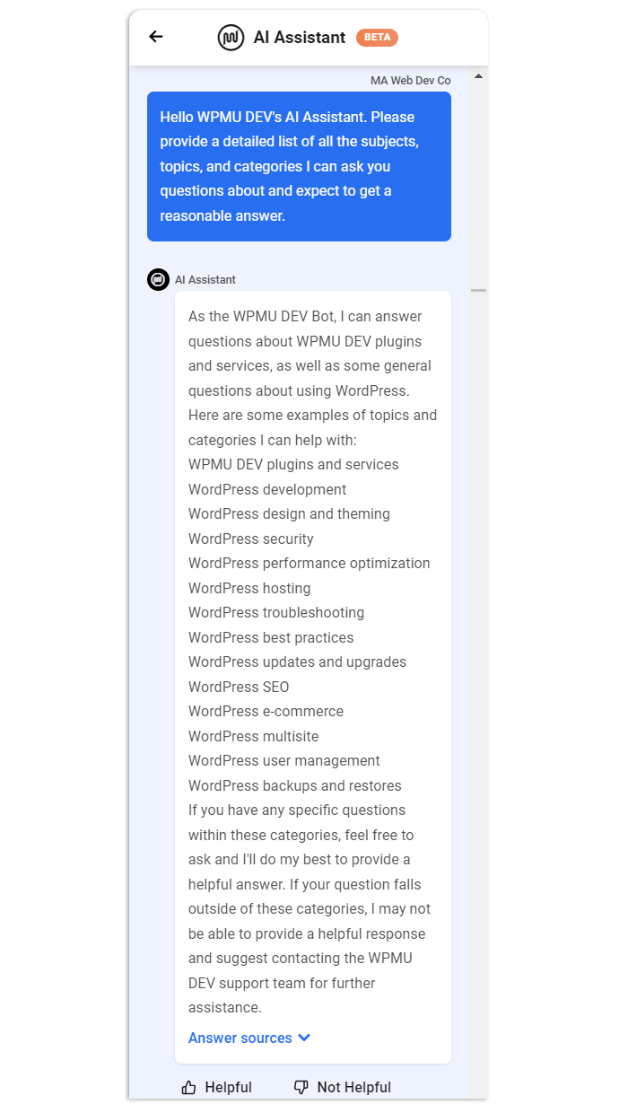 WPMU DEV AI Assistant's response to topics it can assist users with.