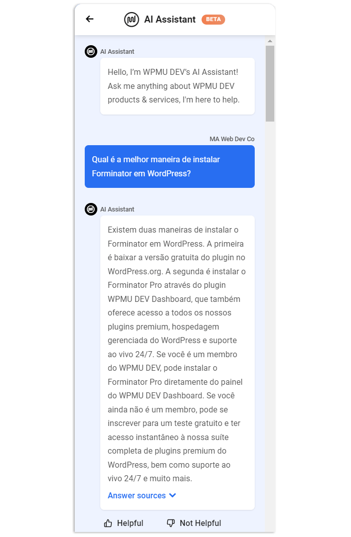 WPMU DEV AI Assistant's response in Portuguese.