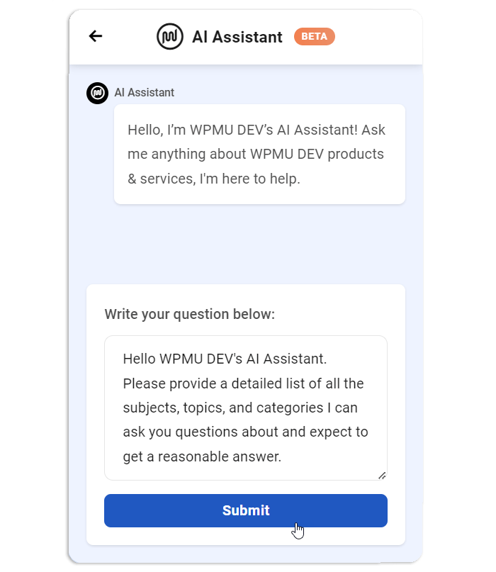 WPMU-DEV AI Assistant with prompt.