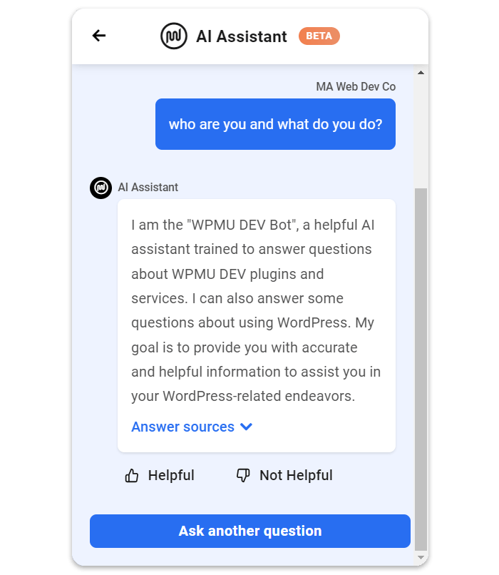 WPMU DEV Ai Assistant interface.