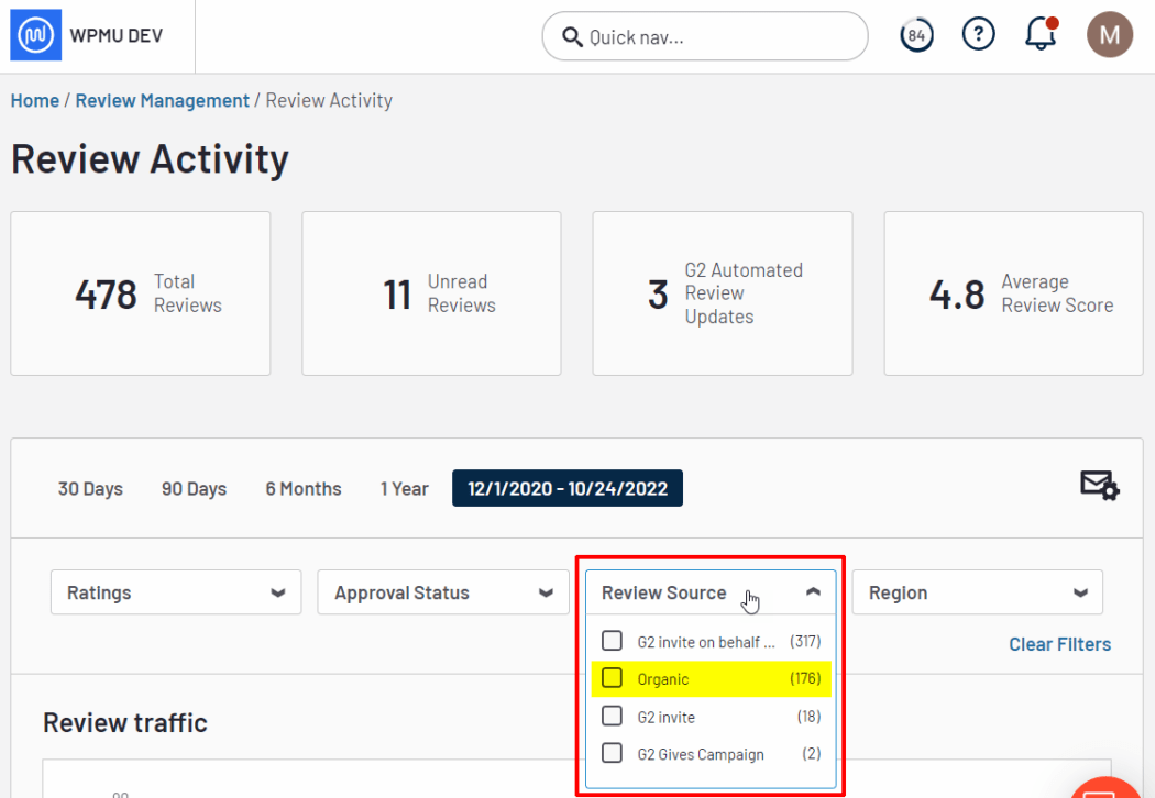 WPMU DEV G2 Review Activity screen