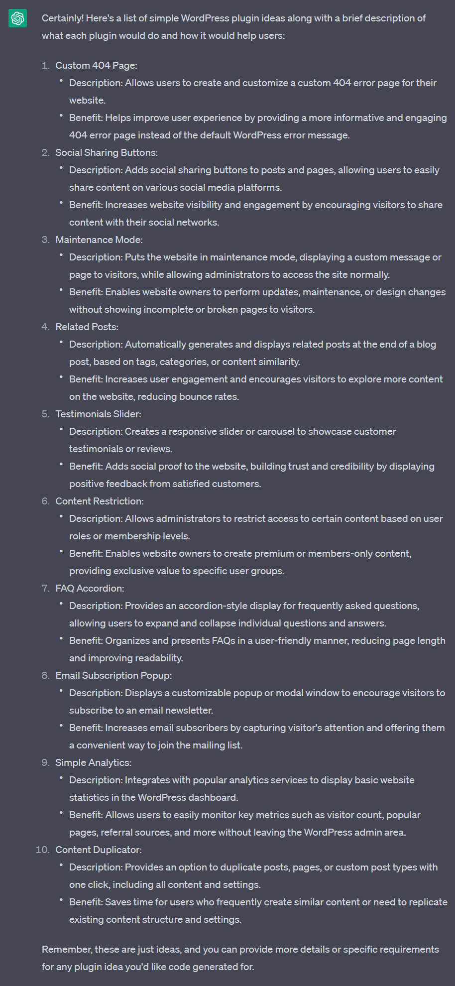 ChatGPT - List of WordPress plugin ideas.