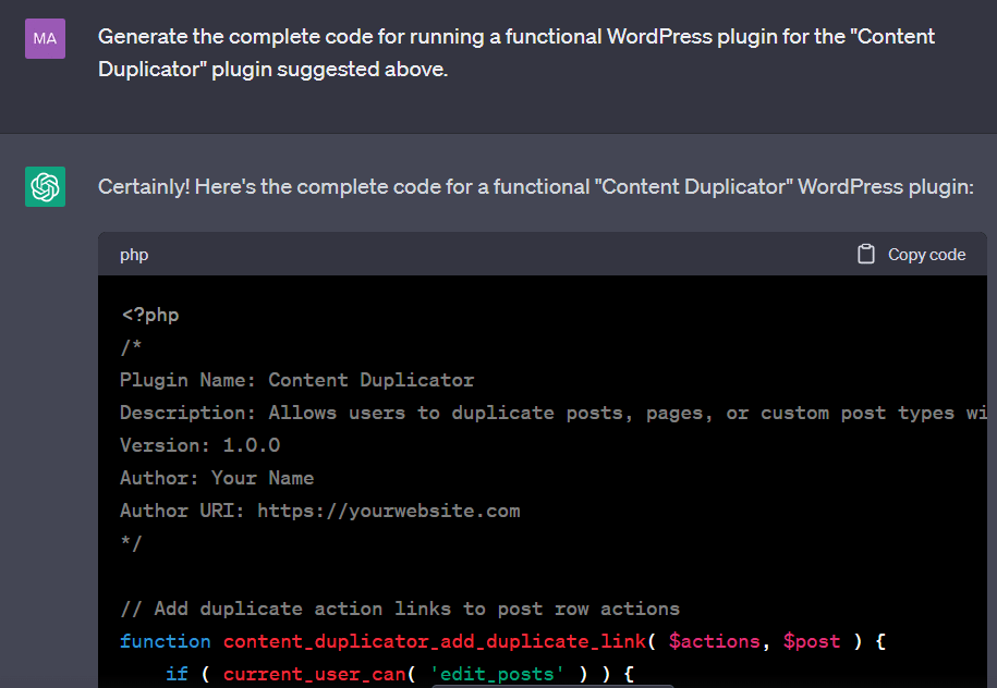 ChatGPT prompt to generate code for a WordPress plugin that duplicates content.