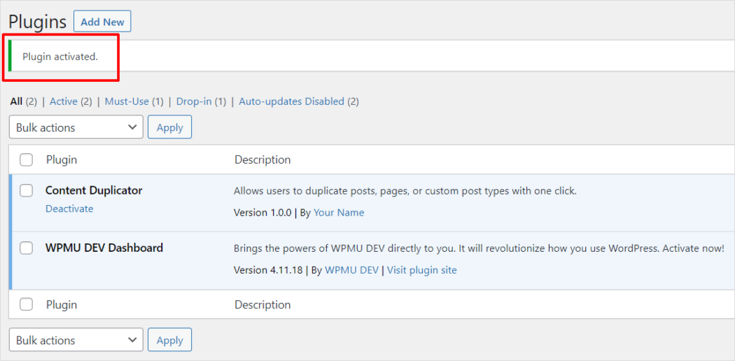 WordPress Plugins screen - Plugin activated message.