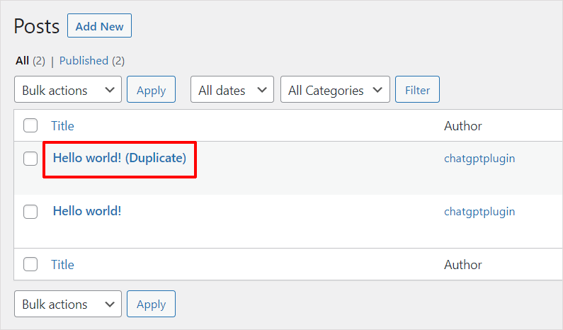 WordPress Posts table with original post and duplicated post.