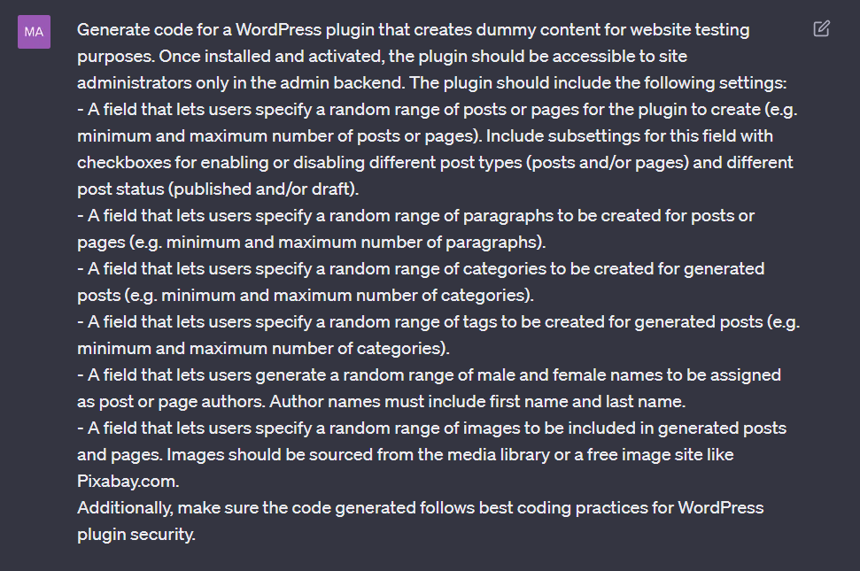 ChatGPT - WordPress plugin creation prompt.