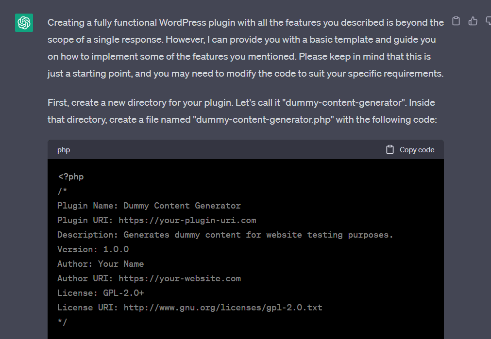 ChatGPT response to WordPress plugin development prompt.