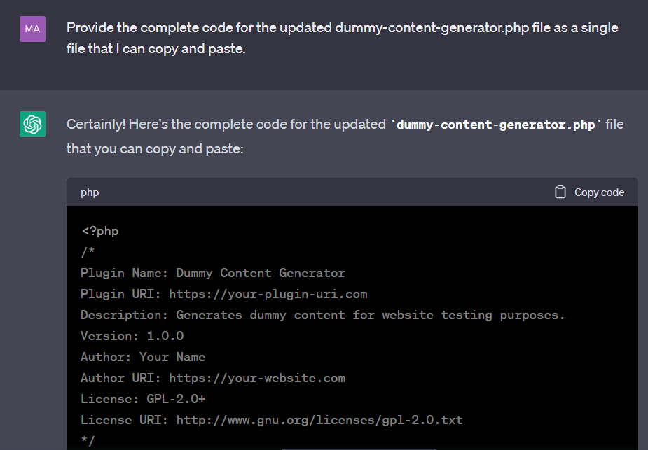 Screenshot of ChatGPT prompt and response.